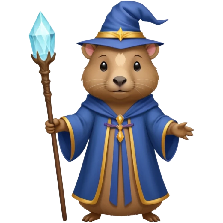 A mystical queen Capybara wearing a wizard robe and a wand emoji