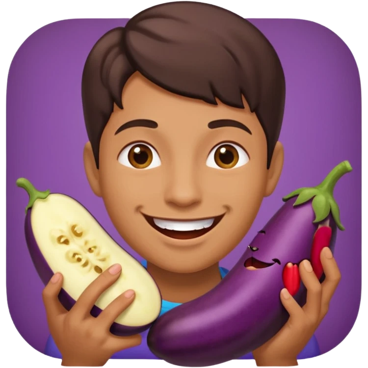 smiley qui se mord les levre avec une aubergine dans les main emoji