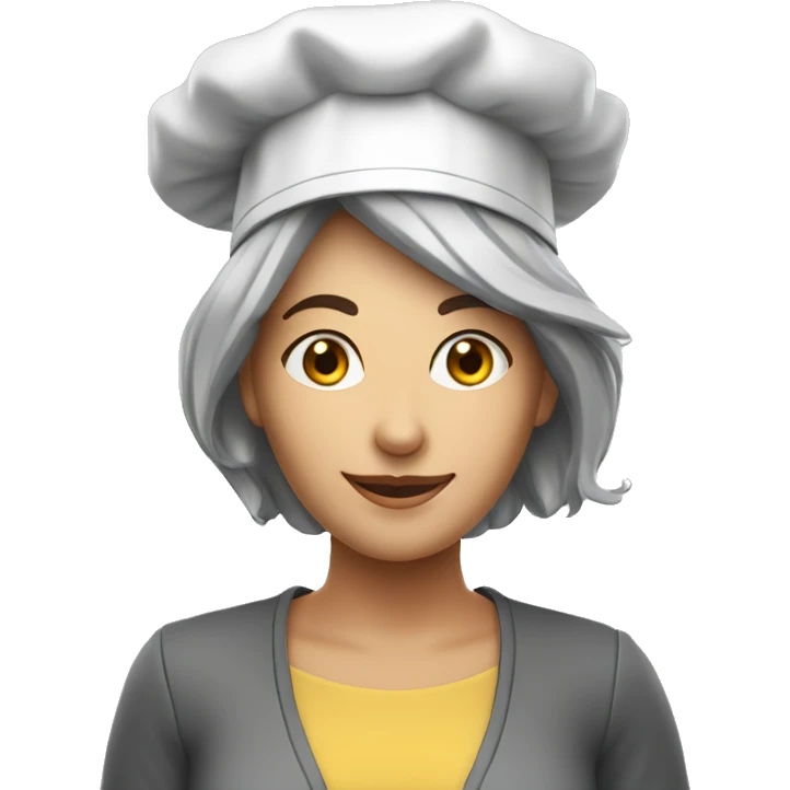 A full scale lady with a cooking hat and spoon her hair is grey, and she stands in front of the camera and smiles emoji