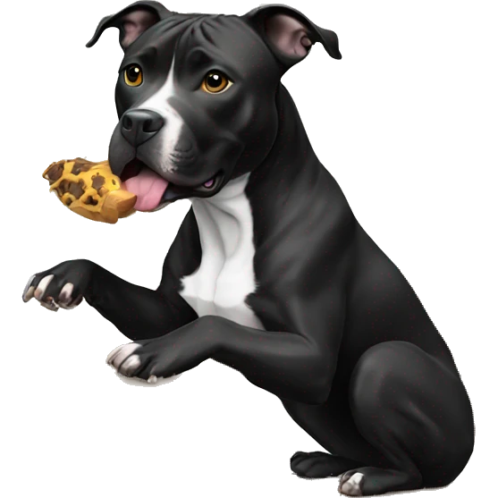 Black pit bull eating on a table emoji