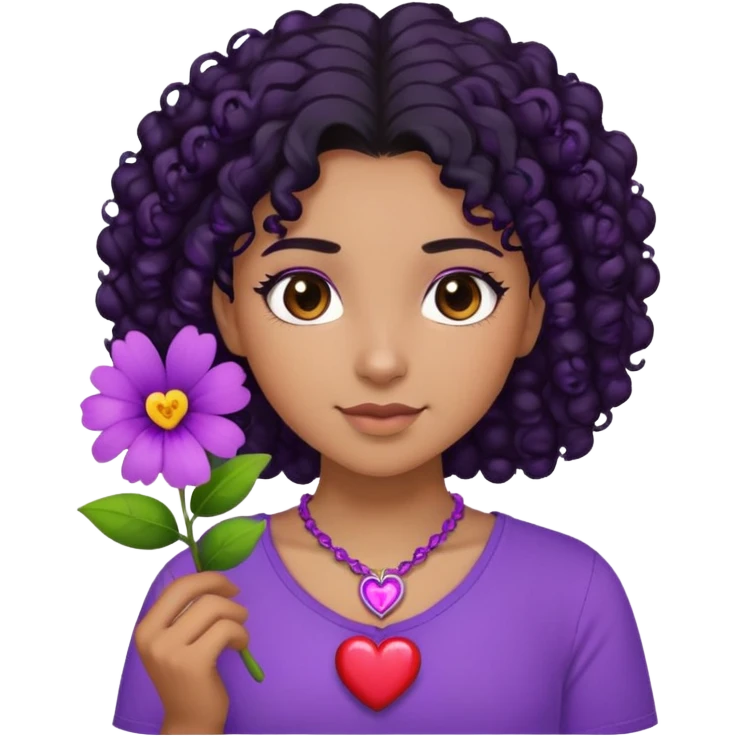 IíUma menina cabelo crespo morena uma blusa roxa com um colar de coração e uma flor roxa do lado direito do cabelo emoji
