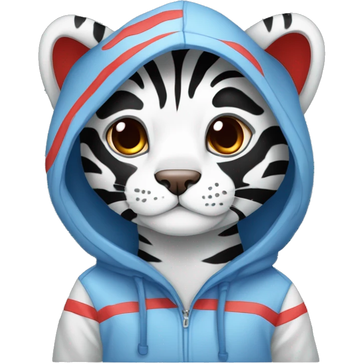 telegram sticker a A blue tiger with red stripes, red ears on the inside and black ears on the outside wearing a hoodie emoji