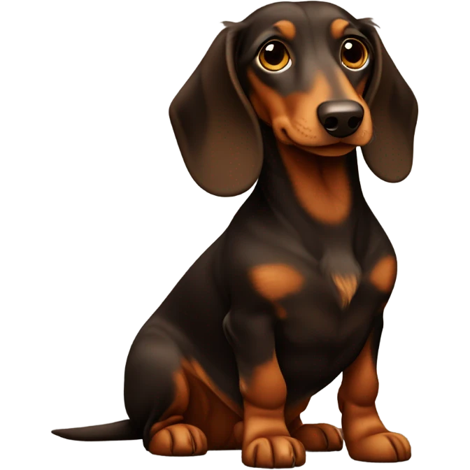 Long haired Brown dachs with Brown nose and gold eyes full body sitting in front of christmas tree emoji