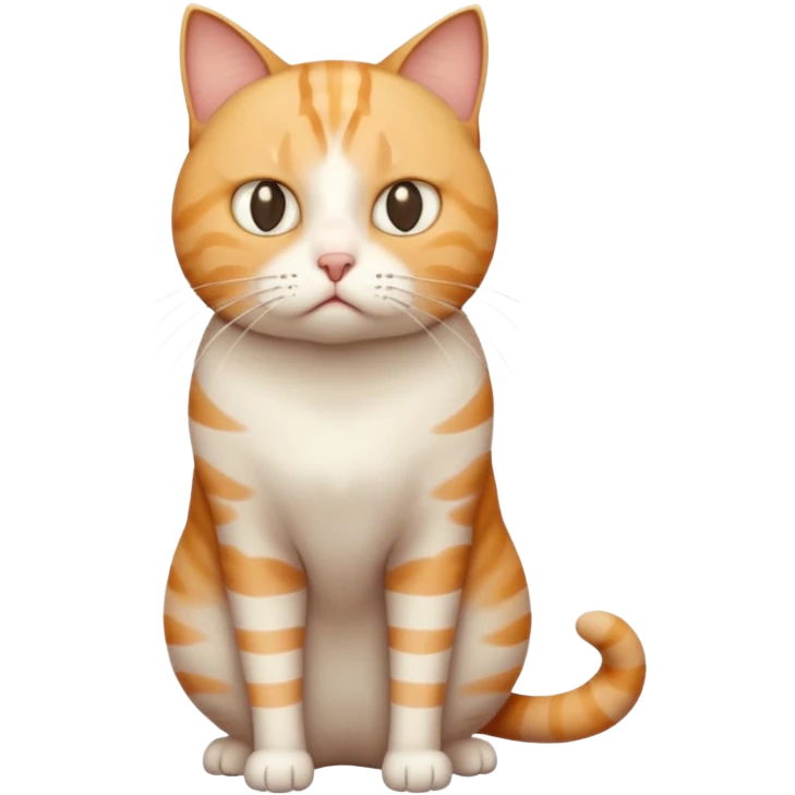 full body white, ginger and tabby cat with skinny head and fat body with an anxious face emoji