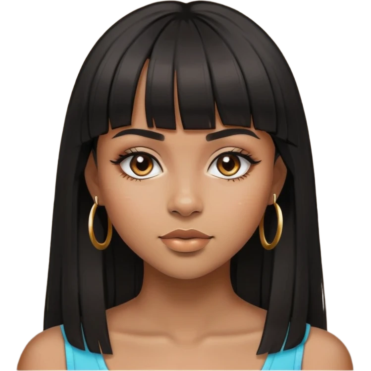 brownskin girl, beautiful girl, black straight hair with bangs above eyebrowns, nose piercing emoji