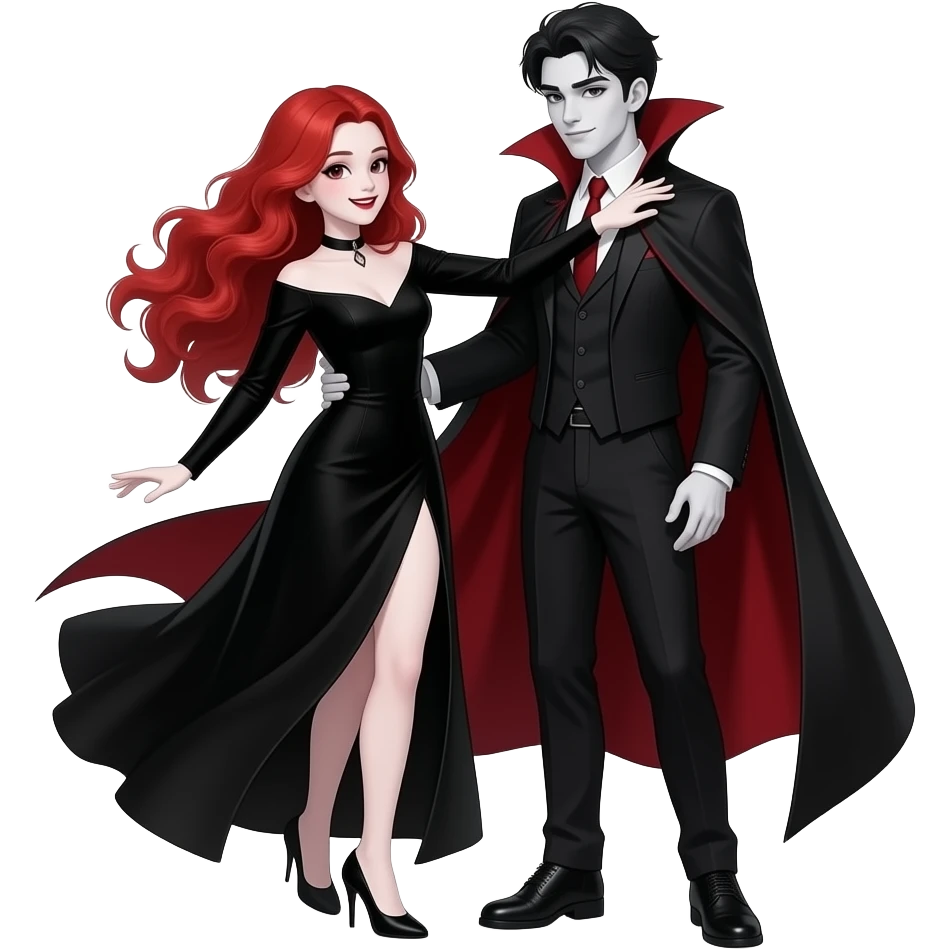 Vampiro femmina ADOLESCENTE con pelle bianca e capelli rosso ondulati lunghi che indossa un vestito nero LUNGO con le maniche lunghe che balla con le MANI INTORNO AL COLLO del suo ragazzo VAMPIRO ADOLESCENTE con la pelle bianca e le scarpe nere emoji