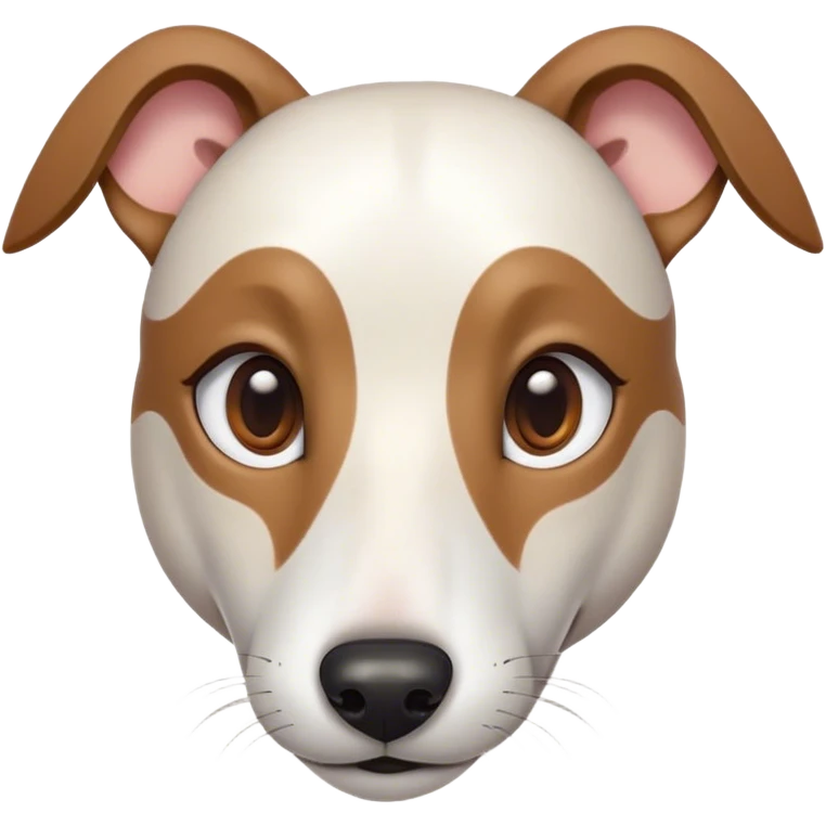 Cinematic Cute White and Brown Greyhound Portrait Emoji, Head tilted playfully and inquisitively, featuring a smooth white Fur with vibrant brown accents and round, sparkling eyes filled with curiosity, Simplified yet irresistibly adorable features, highly detailed, glowing with a warm, friendly glow, high shine, affectionate and nimble, stylized with a touch of whimsy, bright and endearing, soft glowing outline, capturing the essence of a mischievous yet loving racer, so playful it feels like it could sprint out of the screen and into your arms! emoji
