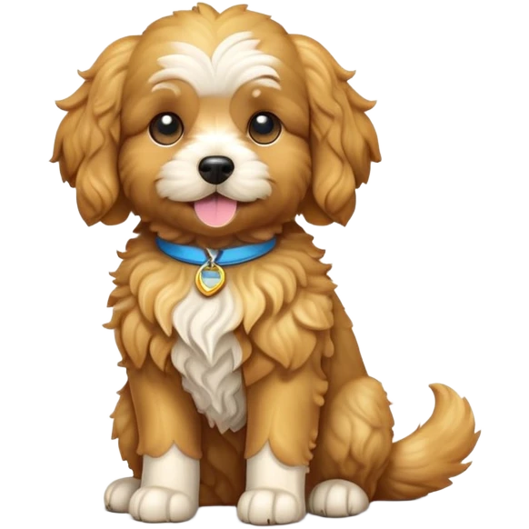 cinematic-[cavoodle dog]-realistic-full-body-sitting-emoji,-tail-resting-loosely-beside-its-paws,-head-tilted-dramatically,-curly-[solid golden]-fur,-simplified-yet-realistic-focused-features,-highly-detailed,-glowing-with-an-almost-sarcastic-glow emoji
