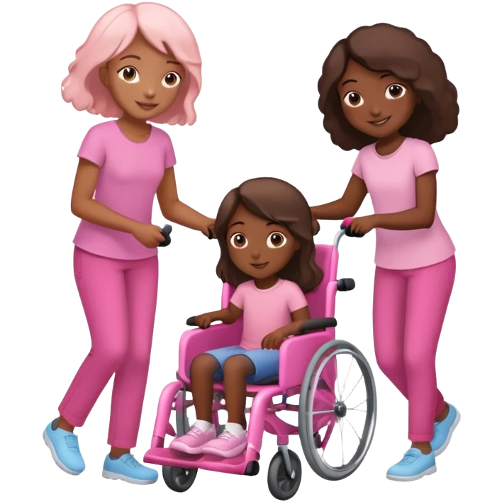 One dark skinned sister and one tan skinned sister pushing her light brown sister in a pink wheelchair emoji