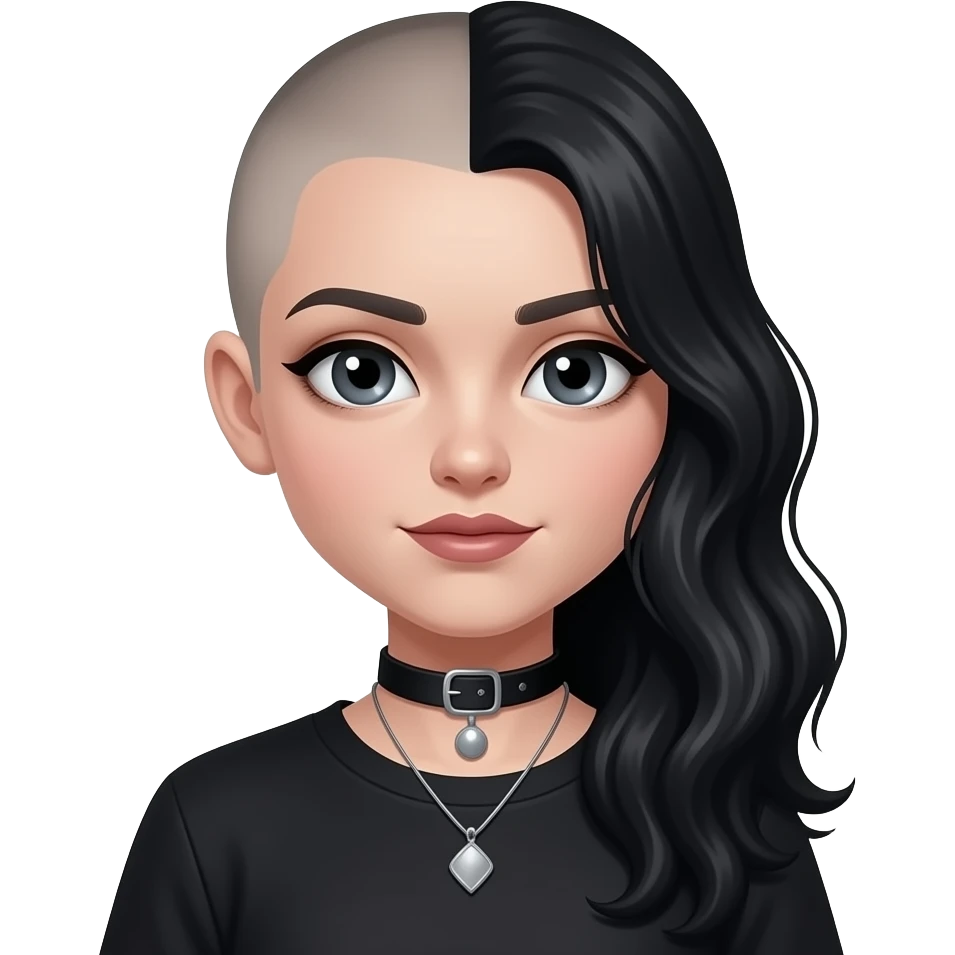 Goth girl with half of her hair shaved, the unshaved part is really long and wavy emoji
