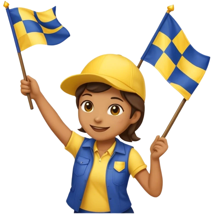 I want an emoji holding a yellow and navy blue checkered flag in both hands, wearing a yellow and navy blue hat, dancing, and smiling. emoji