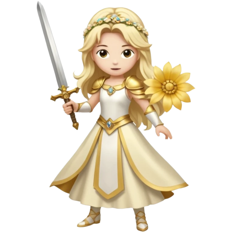 Lumine (from Genshin Impact) White and golden clothes, blonde, long-haired, with a big flower hair clip, and wielding a sword (full body) emoji