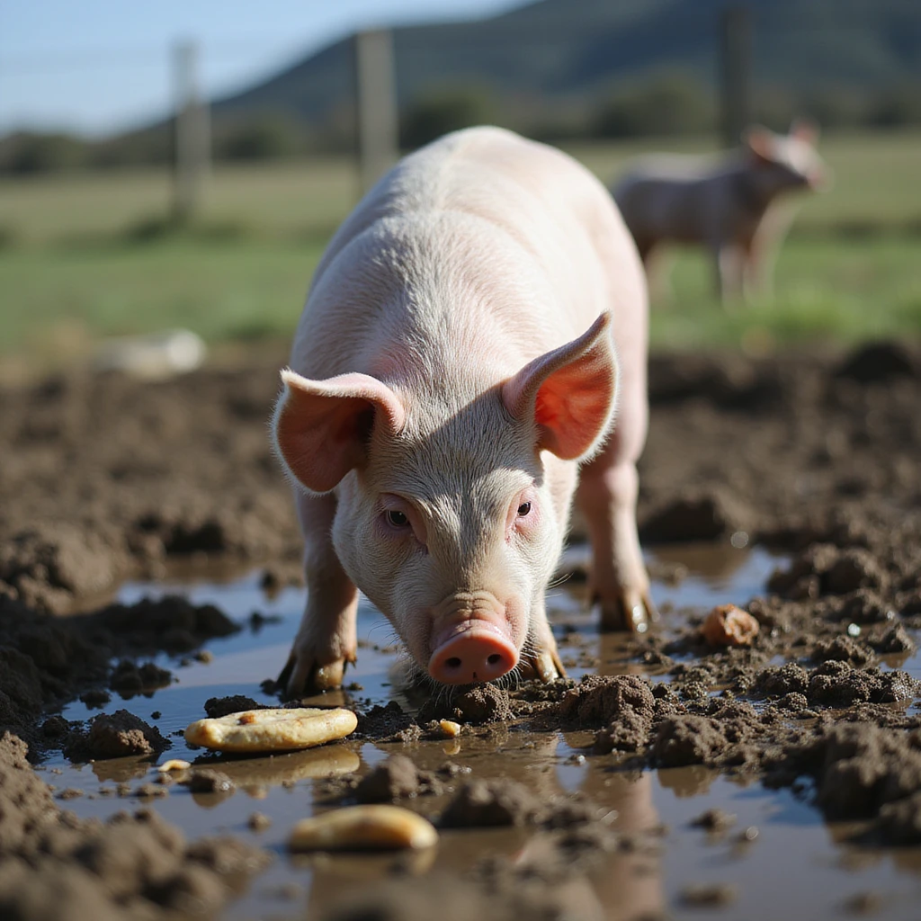 pig in an outdoor pen, feeding on leftovers and feces in the mud, rural environment, natural light, 4K quality emoji