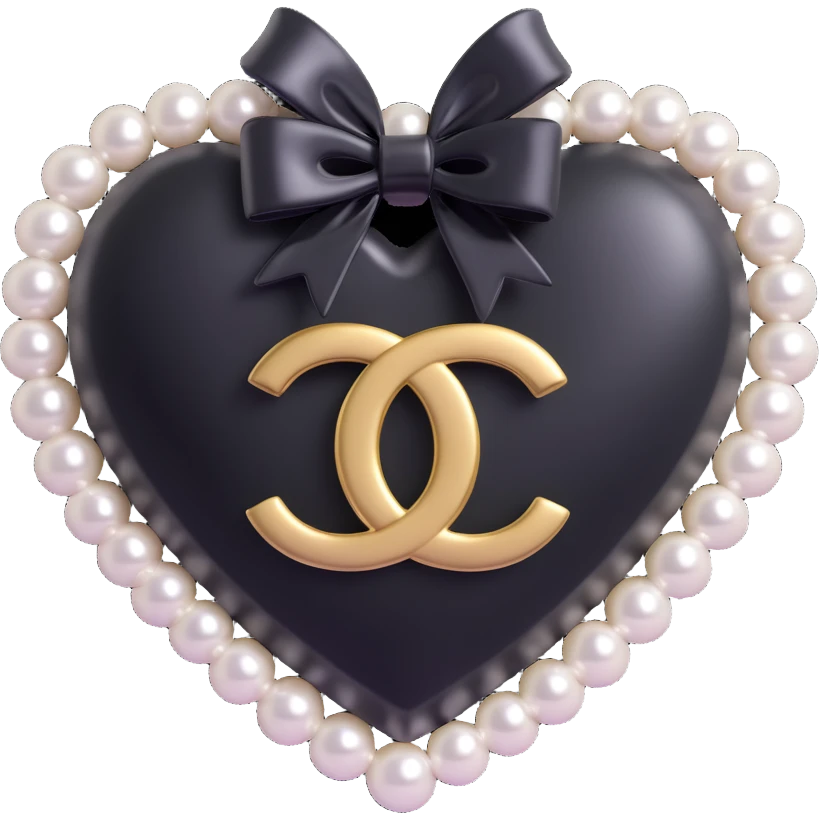 Add a black bow to the heart with pearls and gold Chanel logo, keep it elegant, glossy, black and white, 3D emoji style. emoji