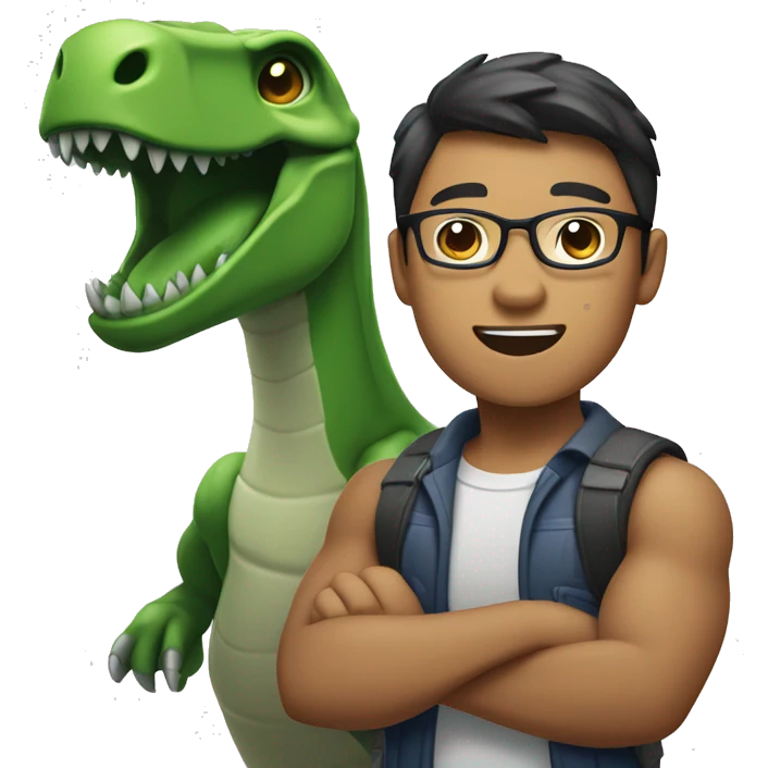 A muscular Asian male engineering student with darker skin tone, wearing glasses, holding a dinosaur in his arms. emoji