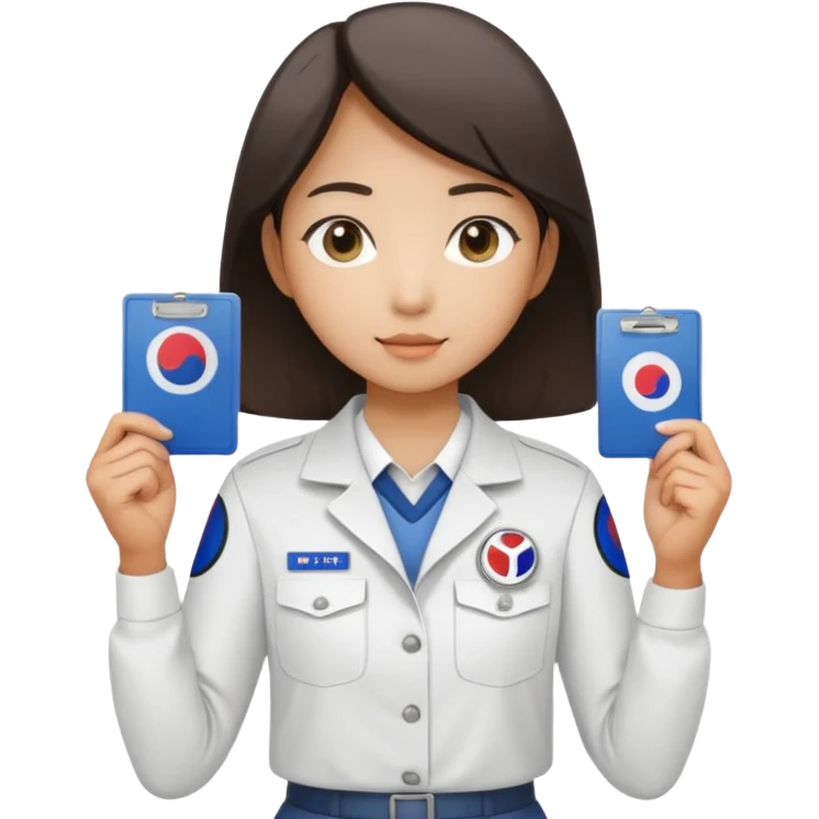 A young Asian guide holding her tour license in both hands, wearing a white shirt with the South Korea badge on her chest. emoji