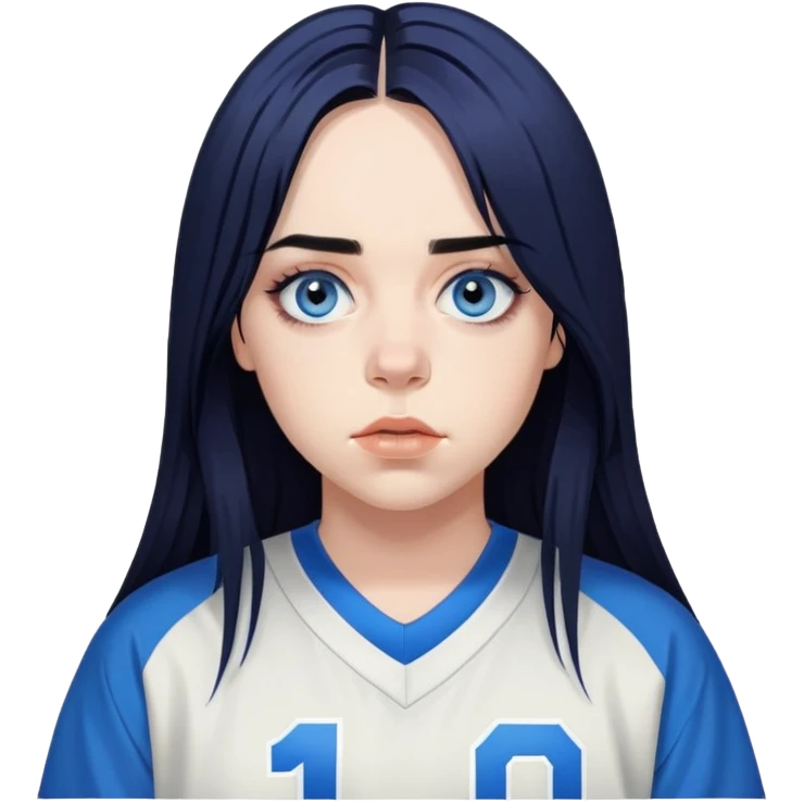 billie eilish long black hair blue eyes dark eyeliner makeup, wearing jersey emoji