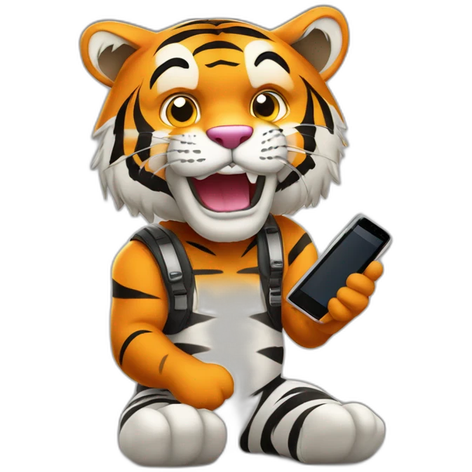 mascot of tiger while promoting with cell phone emoji