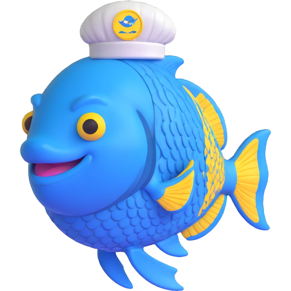 blue fish with detailed scales, smiling, front view, white cap with centered Pescadería Buenos Aires logo emoji