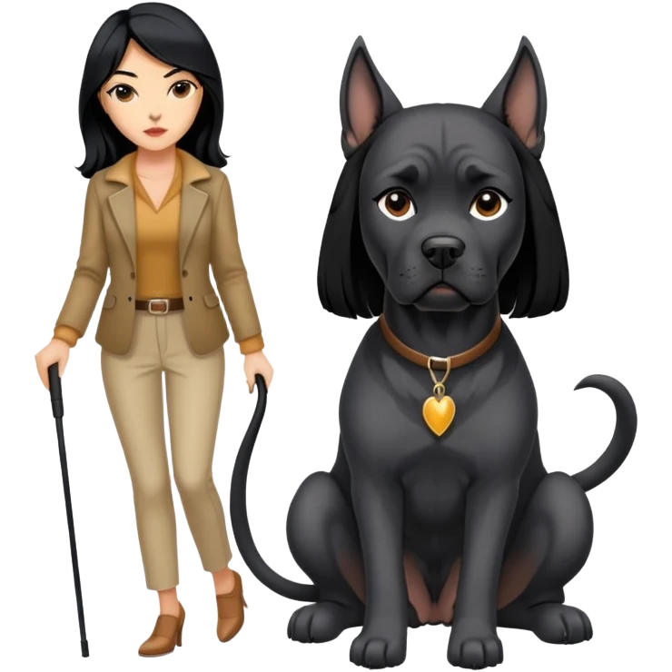 Stylish woman with long black hair and a black Cane Corso dog with cropped ears emoji