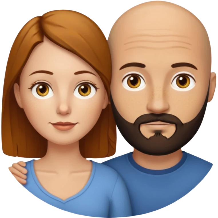 Couple. Bald man with dark brown-black beard. White woman with many small, faded freckles, white skin and she has auburn-yellow-brown-caramel, dark hair. She has light yellow-brown eyes. The man have hazel eyes. They are inside a big heart. emoji