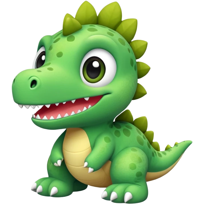 A green plush toy dinosaur with big eyes and a cute smile emoji