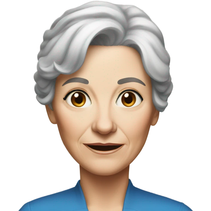 realistic portrait of a older woman with shorter brown hair and a few silver streaks and blue eyes  emoji
