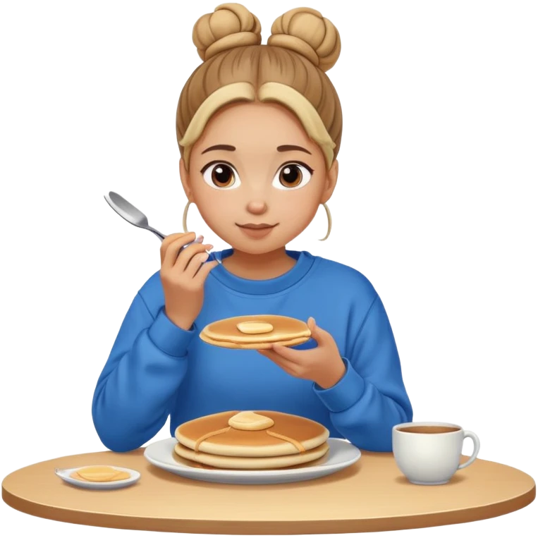 Girl in sweatshirt with bun in her hair eating pancakes  emoji
