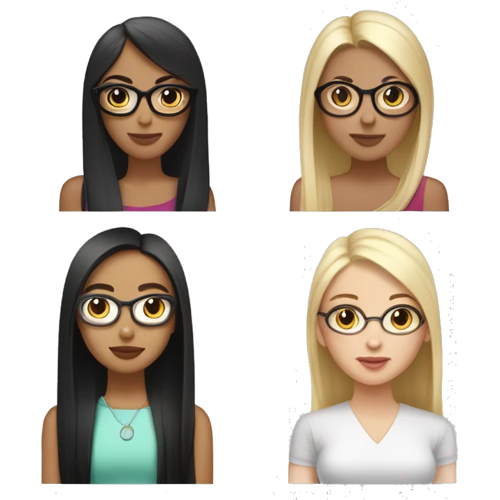 four girlfriends one with black straight hair with white skin arab, the second asian with black straight hair that shimmers into blond, the third asian with brown straight hair, the fourth russian with glasses with brown straight hair emoji