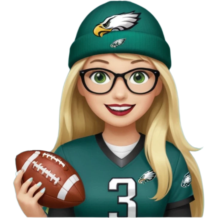 full length women wearing eagles uniform, long blonde hair, bangs, green eyes, black rectangle glasses, holding football, number 33, smiling, lipstick, eagles beanie emoji