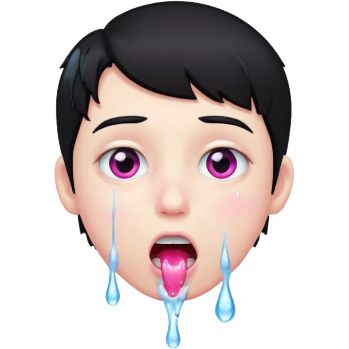 Boy with black hair, pink eyes rolled back, mouth open , water drop dripping from lips emoji