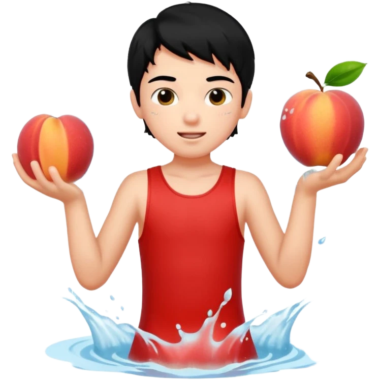 a peach splashing water in boy's mouth above his with black hair and red dress emoji