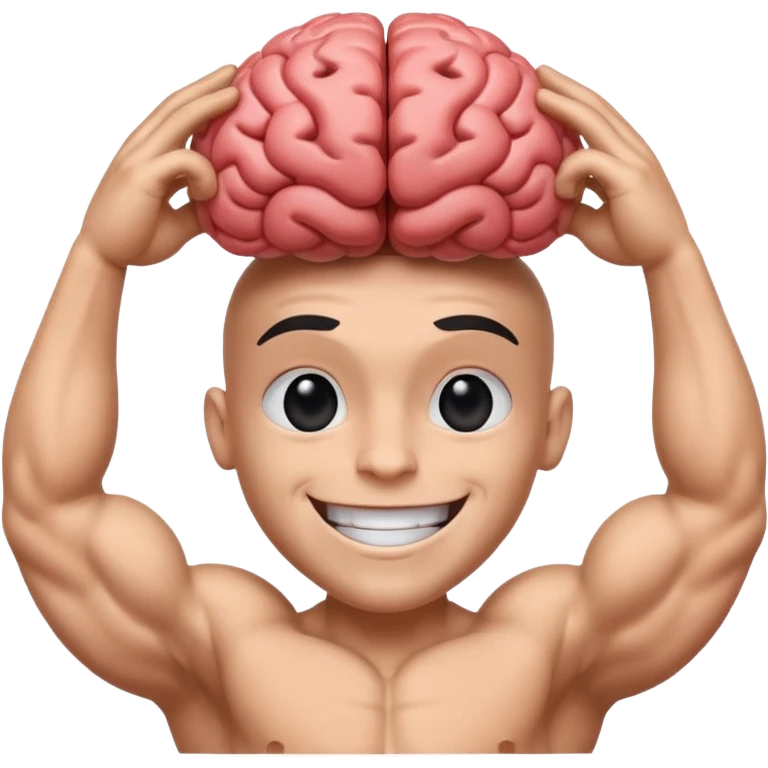 Un cerveau avec un immense sourire blanc, de beaux yeux noirs et de gros bras musclés qui sortent du cerveau emoji
