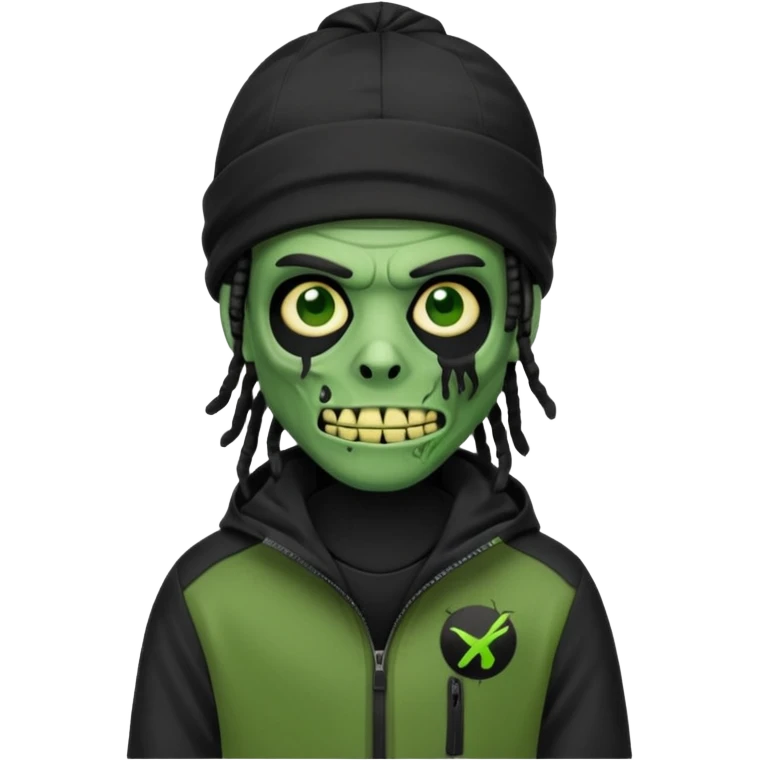 a zombie emoji with black dreads and a black nike jacket and black nike ski mask on his head emoji