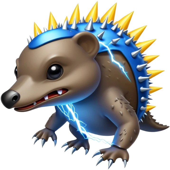 a fantastical dangerous and spooky electric platypus merged with a hedgehog with sharp teeth, metal electric spikes, and strong fangs, electricity and lightning coming, menacing look, yellow and blue lightning bolts emoji