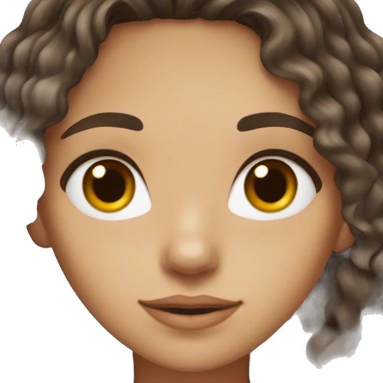 Girl with dark brown defined wavy hair, dark brown eyes and light brunette emoji