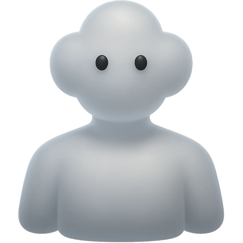 cloud person, fluffy white convex clouds, shoulder view, looking straight, matte glass style emoji