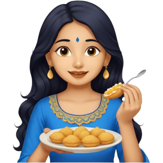a pretty tan indian bratz girl with wavy long BLACK hair. eyeliner on, wearing a blue kurti, eating golgappa. NO SPOON emoji