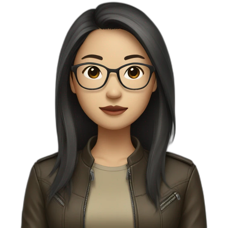asian girl with glasses and a leather jacket with a  khaki shirt and long dark hair emoji