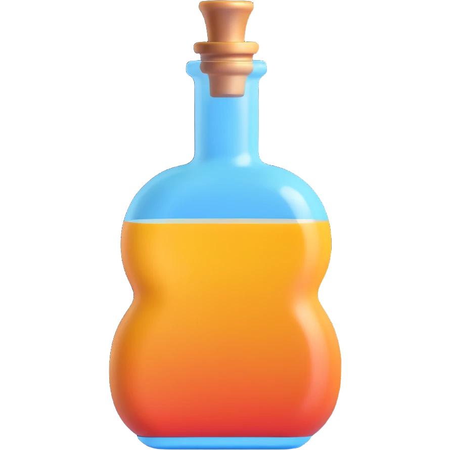 beautiful elegant elixir bottle shaped like a flask with round bottom, glass effect, main color #6fe8f3, minimalist, visually appealing, 3D style, suitable for Discord role icon emoji