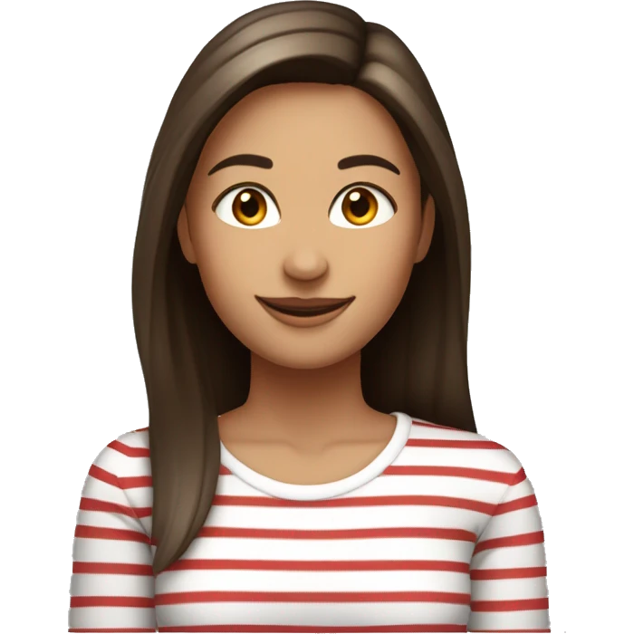 Portrait of an adult girl, tanned skin, dark long straight brown hair, dark eyes, smiling, wearing a white long sleeve with red horizontal narrow stripes. emoji