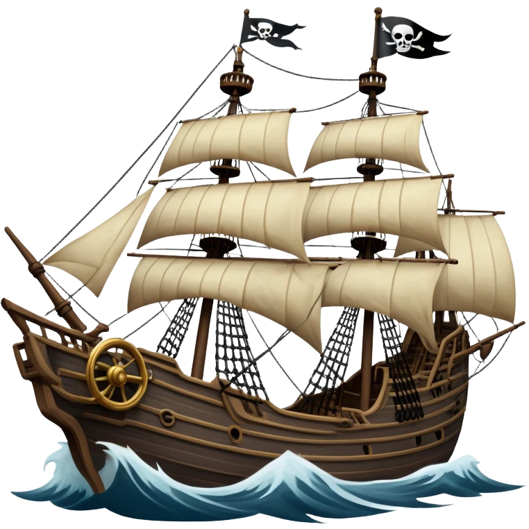 An icon representing an adventure game, inspired by high-seas exploration. The design features a fearless pirate gripping the wheel of a grand sailing ship, its tattered Jolly Roger flag billowing as it cuts through stormy waters. The scene evokes danger, treasure, and the thrill of the open sea. Transparent background. emoji