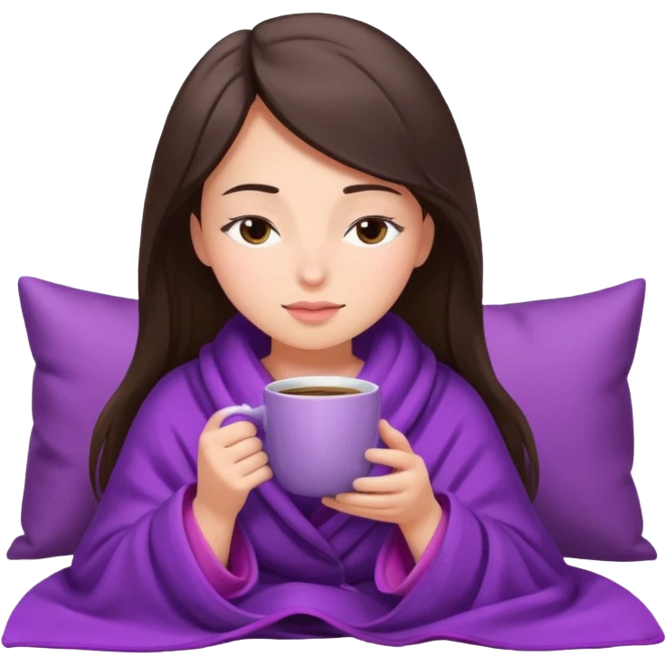 girl brunette inside a violet blanket sipping coffee from pink mug eyes closed emoji