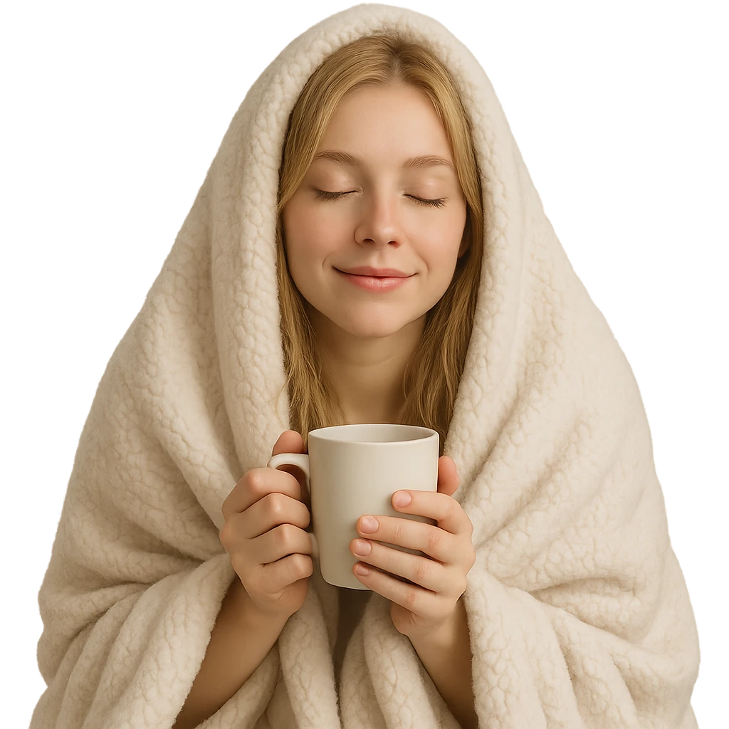 blonde girl inside a fluffy blanket, holding a coffee mug, eyes gently closed, relaxed expression emoji