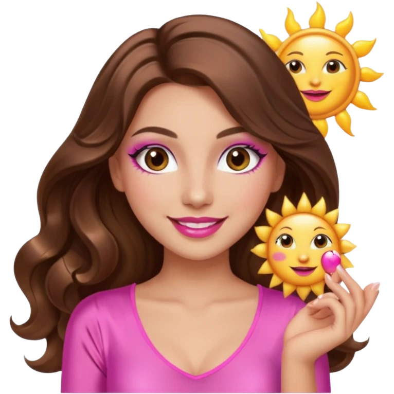 girl with long wavy brown hair, brown eyes, long lashes makeup, sexy pink lips, smiling, light to medium complexion, wearing a pink sexy silk top, holding the sun icon  emoji