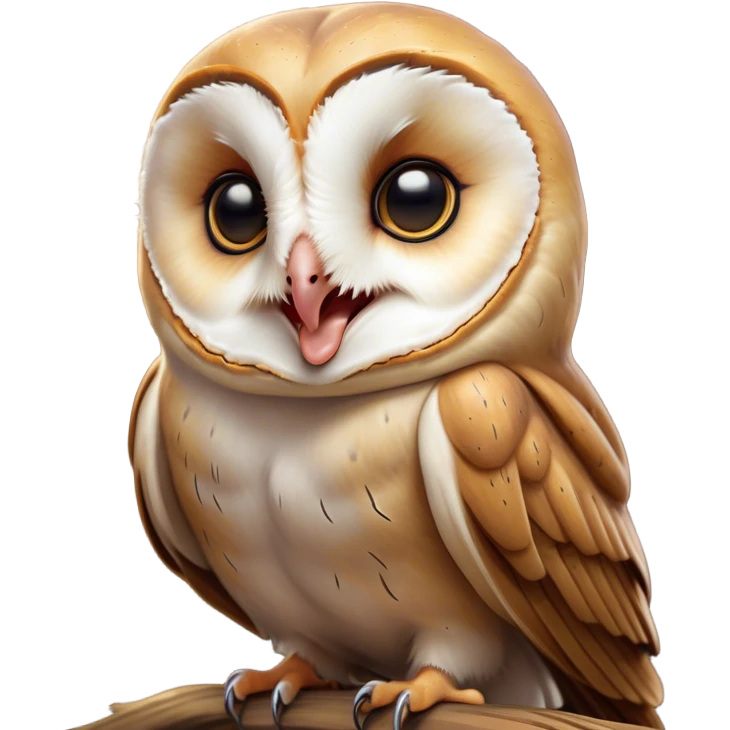 Cinematic Cute Yawning Barn Owl Portrait Emoji, Head tilted slightly with a dramatic, wide-open yawn, showcasing a soft, mottled plumage with subtle brown accents and gently drooping feathers, round amber eyes barely open in drowsy contentment, Simplified yet irresistibly adorable features, highly detailed, glowing with a soft, cozy glow, high shine, relaxed yet expressive, stylized with a touch of nocturnal whimsy, bright and endearing, soft glowing outline, capturing the essence of a sleepy yet affectionate owl, so drowsy it feels like it could glide out of the screen and curl up for a nap! emoji