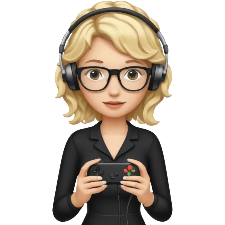 
gamer, woman with blond wavy hair, tight black dress with a white line with glasses, headphone, gamepad emoji
