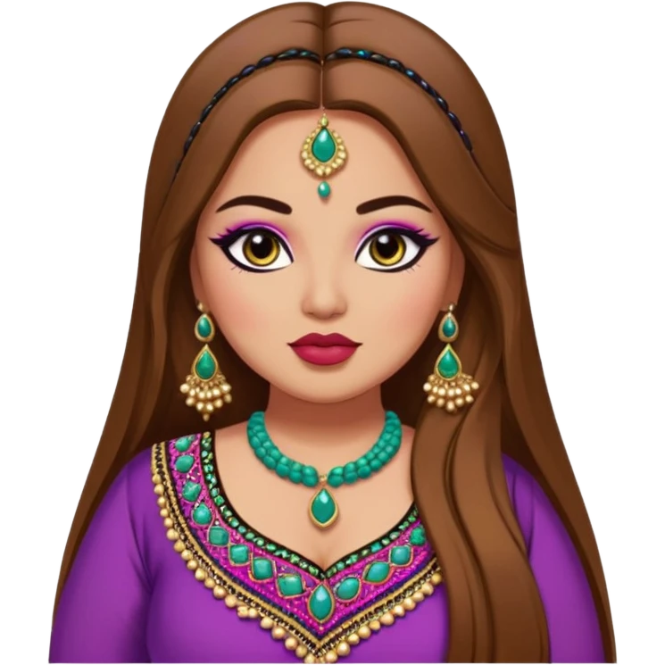 big plus size, long brown hair, pakistani clothes, bratz baddie,pretty, makeup, lipgloss, black eyeliner, colorful, beading, dupatta, salwar emoji