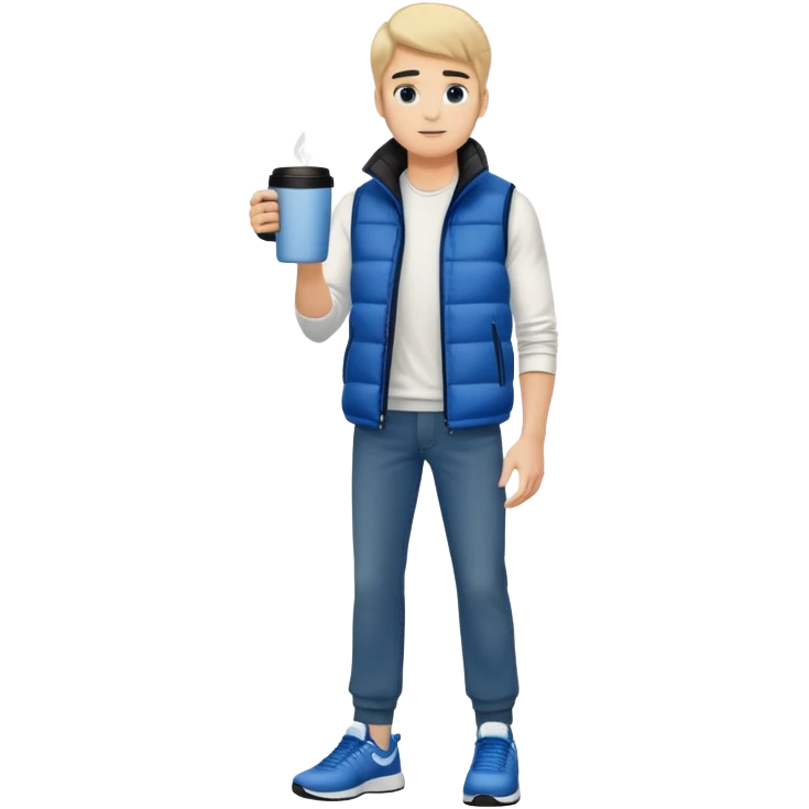 full body  man with white shirt and blue puffer vest and long straight jeans with black tennis shoes holding a coffee cup in front of him and nothing in his other hand emoji