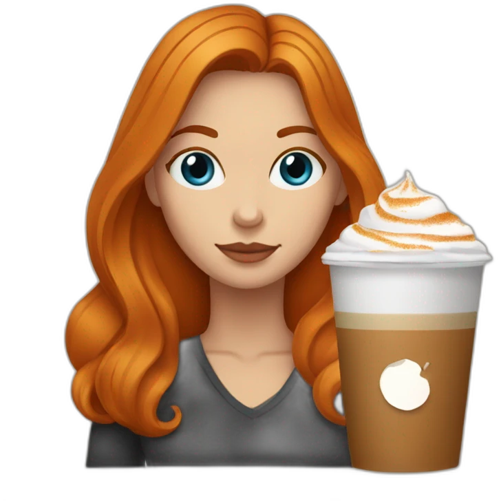 Ginger straight hair and blue eyes woman drinking a pumpkin spice latte  emoji